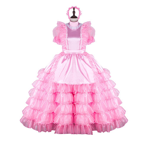 Fondcosplay Lockable Sissy Maid Crossdressing Pink Satin and Organza Layered French Maid Dress Costume [G2259]