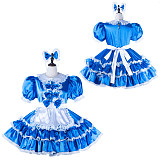 Fondcosplay Lockable Sissy Maid Crossdressing Blue Satin French Maid Dress Costume with Lace and Apron [G2262]