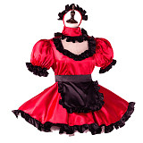 Fondcosplay Lockable Sissy Maid Crossdressing Red Satin French Maid Dress Costume with Black Apron [G2260]