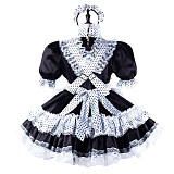 fondcosplay Lockable Satin Black and White Polka Dot Sissy Maid Crossdressing Dress with Lace Apron and Headpiece [G2216]