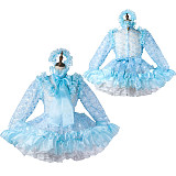 fondcosplay Lockable Lace Light Blue Sissy Maid Crossdressing Dress with Ruffles and Headpiece [G2208]