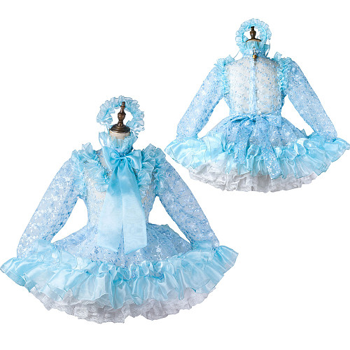fondcosplay Lockable Lace Light Blue Sissy Maid Crossdressing Dress with Ruffles and Headpiece [G2208]