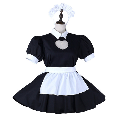 fondcosplay Lockable Black White Cotton Sissy Maid Dress Heart Cutout Crossdressing Cosplay Costume [G2278]