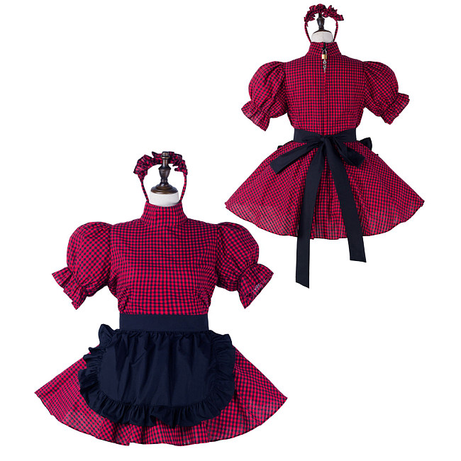 Fondcosplay Lockable Sissy Maid Crossdressing Red Black Checkered Cotton French Maid Dress Costume with Apron [G2233]