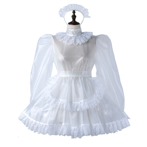 fondcosplay Lockable Clear PVC White Sissy Maid Crossdressing Dress with Lace Apron and Headpiece [G2212]