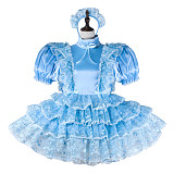 Fondcosplay Lockable Sissy Maid Crossdressing Blue Satin French Maid Dress Costume with Lace Apron [G2269]