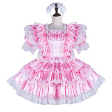 Fondcosplay Lockable Sissy Maid Crossdressing Pink Satin Frilly French Maid Dress Costume with Lace [G2263]