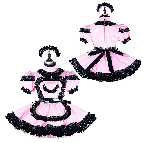 Fondcosplay Lockable Sissy Maid Crossdressing Pink Heavy PVC French Maid Dress Costume with Black Ruffle Apron [G2243]