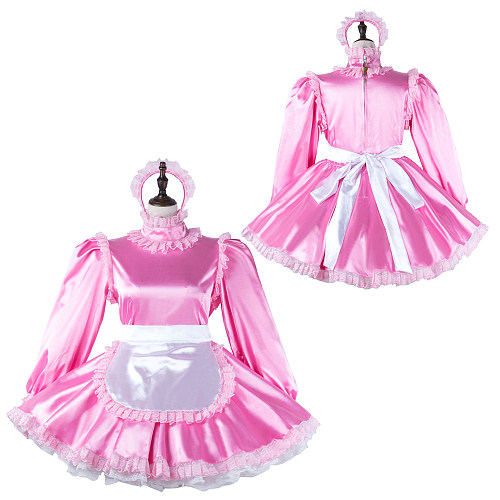 Fondcosplay Lockable Sissy Maid Pink Satin Long Sleeve French Maid Dress Costume [G2272]
