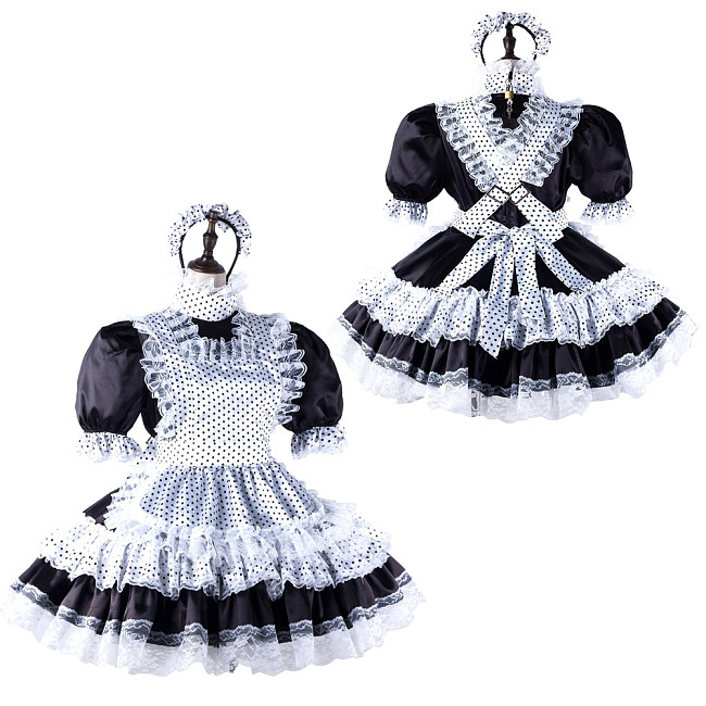 fondcosplay Lockable Satin Black and White Polka Dot Sissy Maid Crossdressing Dress with Lace Apron and Headpiece [G2216]