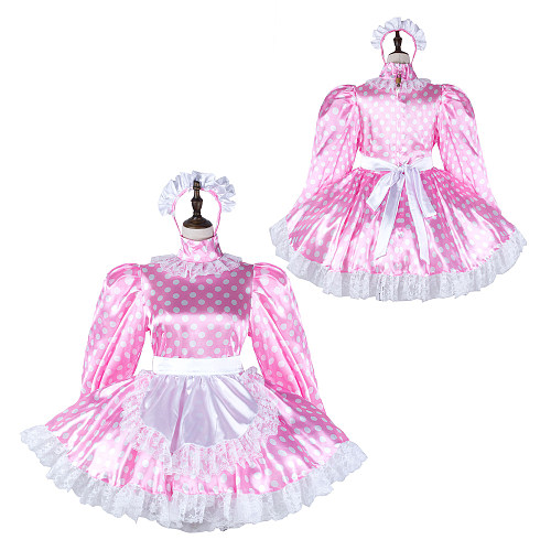 Fondcosplay Lockable Sissy Maid Crossdressing Pink Satin Polka Dot French Maid Dress Costume with Apron [G2265]