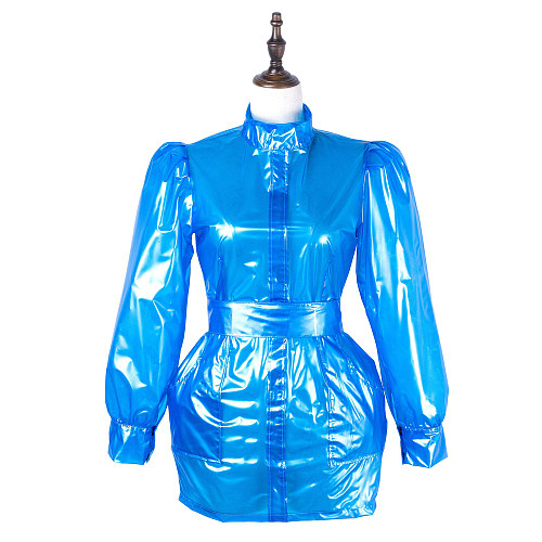 Fondcosplay Sissy Maid Crossdressing Shiny Blue Clear PVC Dress Costume [G2229]