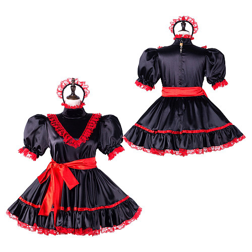 Fondcosplay Lockable Sissy Maid Crossdressing Black Satin French Maid Dress Costume with Red Lace [G2246]