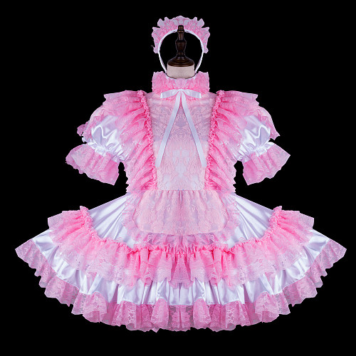 fondcosplay Lockable Pink White Satin Sissy Maid Dress Crossdressing Cosplay Costume [G2274]