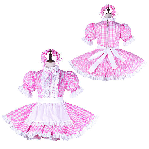 Fondcosplay Lockable Sissy Maid Crossdressing Pink Gingham Cotton French Maid Dress Costume with Apron [G2258]