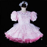 fondcosplay Lockable Pink Satin Organza Sissy Maid Dress Apron Crossdressing Cosplay Costume [G2312]