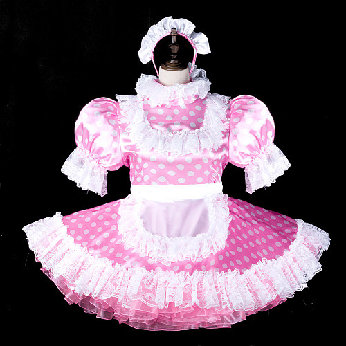 fondcosplay Lockable Pink Polka Dot Satin Sissy Maid Dress Crossdressing Cosplay Costume [G2318]