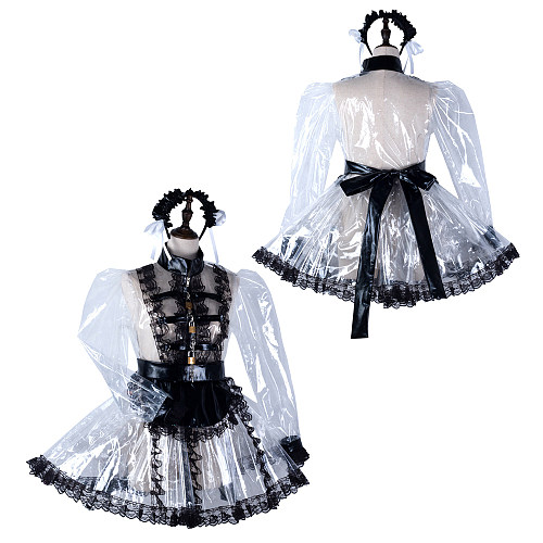 fondcosplay Lockable Clear PVC Sissy Maid Dress Black Lace Crossdressing Cosplay Costume [G2295]