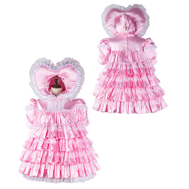 Fondcosplay Handmade Lockable Sissy Maid Satin Dress Pink with Heart Hood Crossdressing Costume [G2343]