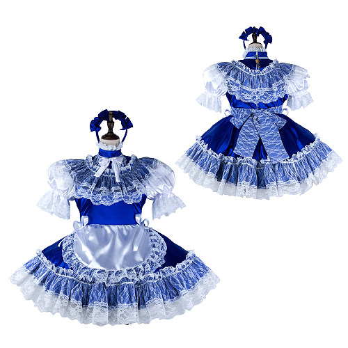 fondcosplay Lockable Blue White Satin Sissy Maid Dress Lace Crossdressing Cosplay Costume [G2307]