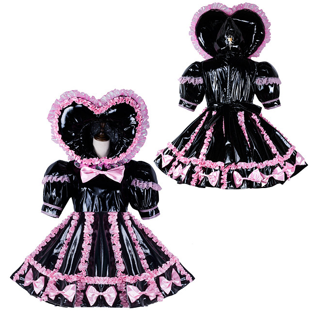 Fondcosplay Handmade Lockable Sissy Maid Thin PVC Dress Black and Pink with Heart Hood Crossdressing Costume [G2347]