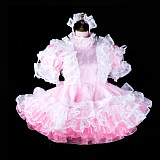 fondcosplay Lockable Pink Satin Organza Frilly Sissy Maid Dress Crossdressing Cosplay Costume [G2313]