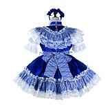 fondcosplay Lockable Blue White Satin Sissy Maid Dress Lace Crossdressing Cosplay Costume [G2307]