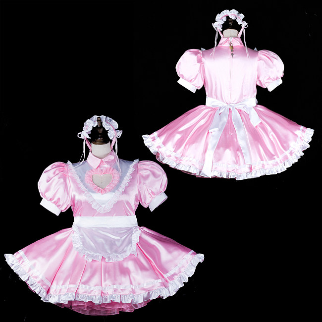 fondcosplay Lockable Pink Satin Heart Cut-Out Sissy Maid Dress Crossdressing Cosplay Costume [G2320]