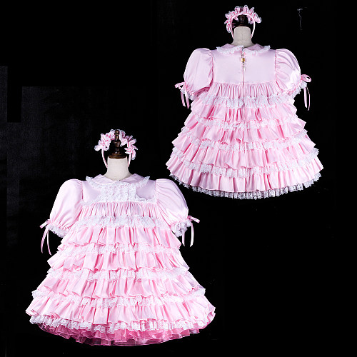 fondcosplay Lockable Pink Satin Ruffled Sissy Maid Dress Lace Crossdressing Cosplay Costume [G2310]