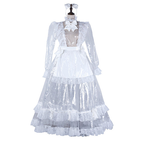 fondcosplay Lockable Clear PVC Long Sissy Maid Dress White Lace Crossdressing Cosplay Costume [G2305]