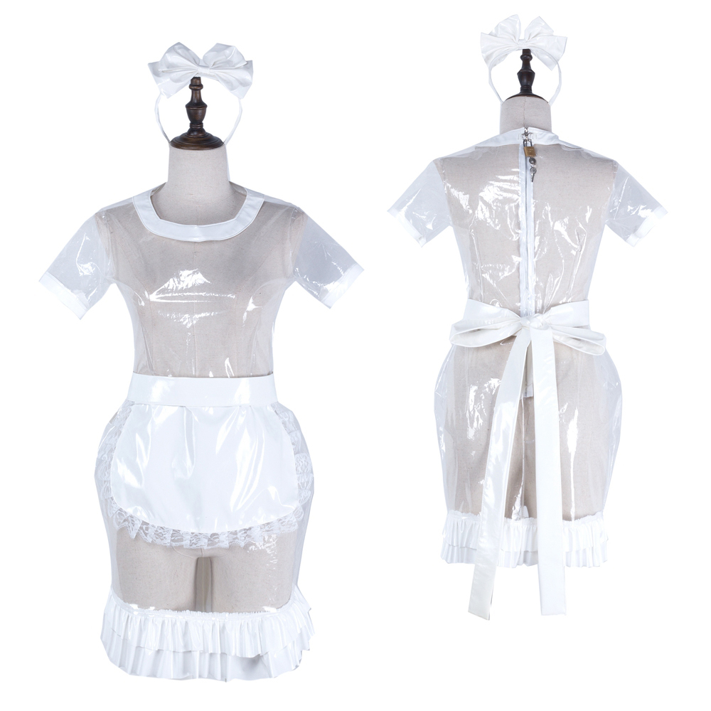 fondcosplay Lockable Clear PVC Sissy Maid Short Dress with Apron and ...