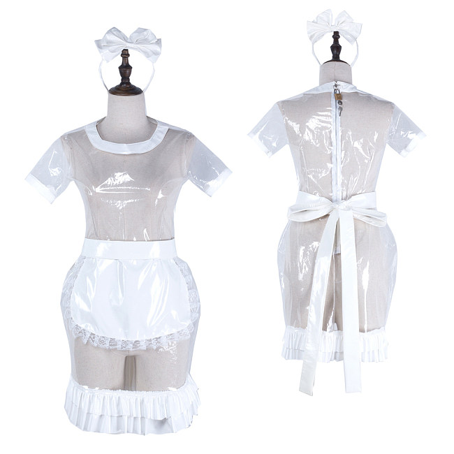 fondcosplay Lockable Clear PVC Sissy Maid Dress with Apron & Headpiece Crossdressing Costume [G2323]