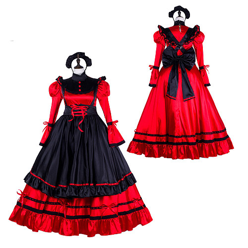 fondcosplay Lockable Red Black Satin Long Sissy Maid Dress Crossdressing Cosplay Costume [G2301]