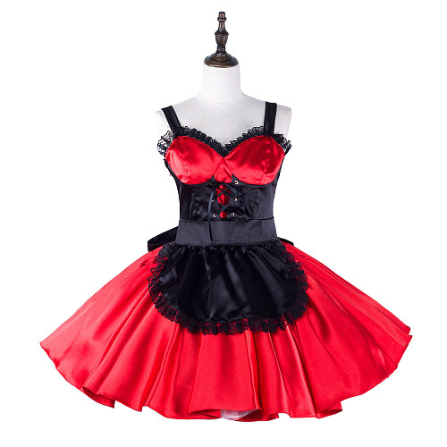 Fondcosplay Handmade Sissy Maid Satin Dress Red and Black Crossdressing Outfit with Cape [G2329]