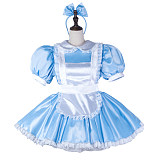 Fondcosplay Handmade Lockable Sissy Maid Satin Dress Blue and White Crossdressing Costume [G2340]