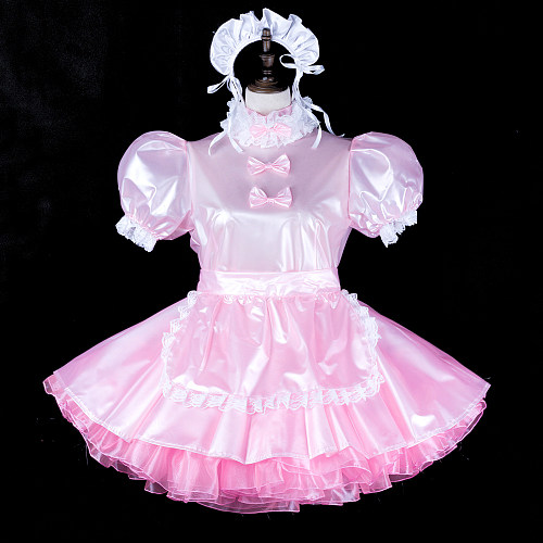 fondcosplay Lockable Pink Clear PVC Sissy Maid Dress Apron Crossdressing Cosplay Costume [G2316]