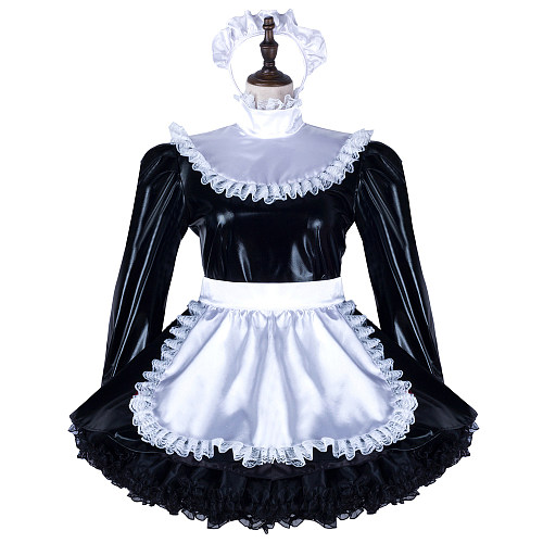 Fondcosplay Handmade Lockable Sissy Maid Faux Leather Dress Black and White Crossdressing Costume [G2348]