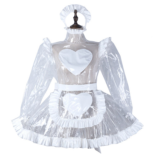 fondcosplay Lockable Clear PVC Sissy Maid Dress Heart Apron Crossdressing Cosplay Costume [G2298]