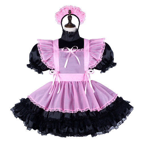Fondcosplay Handmade Lockable Sissy Maid Satin Dress Black and Pink Crossdressing Costume [G2332]