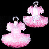 fondcosplay Lockable Pink White Satin Organza Sissy Maid Dress Crossdressing Cosplay Costume [G2309]