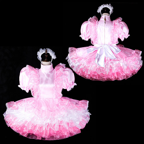 fondcosplay Lockable Pink White Satin Organza Sissy Maid Dress Crossdressing Cosplay Costume [G2309]