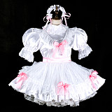 fondcosplay Lockable Satin White Sissy Maid Dress with Pink Bows & Headpiece [G2325]