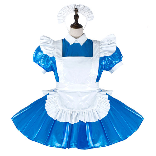fondcosplay Lockable Blue White Thin PVC Sissy Maid Dress Crossdressing Cosplay Costume [G2286]