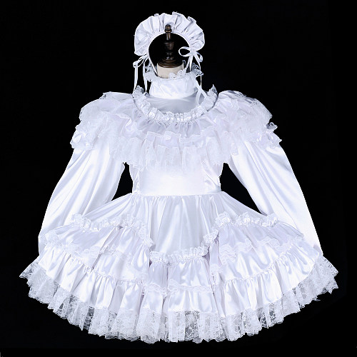 fondcosplay Lockable Satin White Sissy Maid Dress with Long Sleeves & Lace Ruffles [G2327]