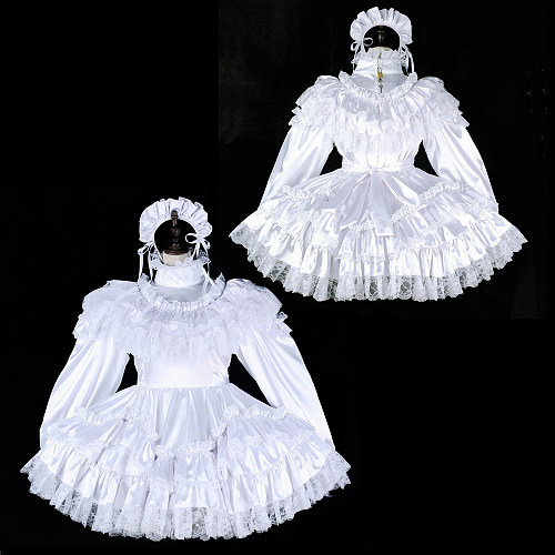 fondcosplay Lockable Satin White Sissy Maid Dress with Long Sleeves & Lace Ruffles [G2327]