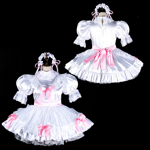 fondcosplay Lockable Satin White Sissy Maid Dress with Pink Bows & Headpiece [G2325]