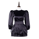 fondcosplay Black Satin Sissy Maid Dress White Collar Crossdressing Cosplay Costume [G2308]