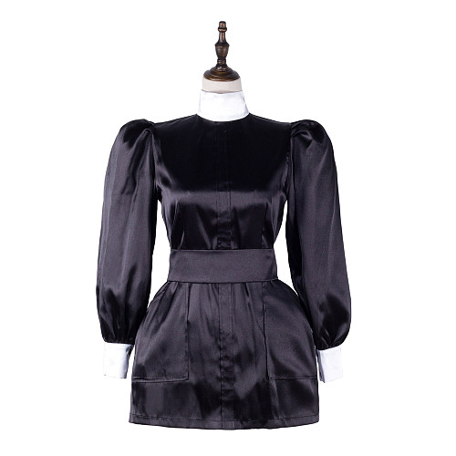 fondcosplay Black Satin Sissy Maid Dress White Collar Crossdressing Cosplay Costume [G2308]