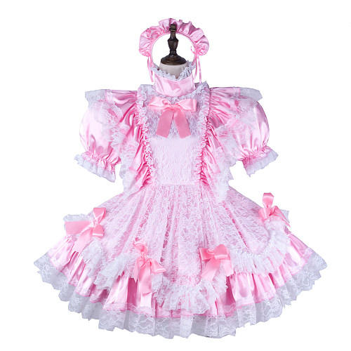 Fondcosplay Handmade Lockable Sissy Maid Satin Dress Pink with Lace and Bows Crossdressing Costume [G2342]