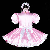 fondcosplay Lockable Pink Satin Heart Cut-Out Sissy Maid Dress Crossdressing Cosplay Costume [G2320]